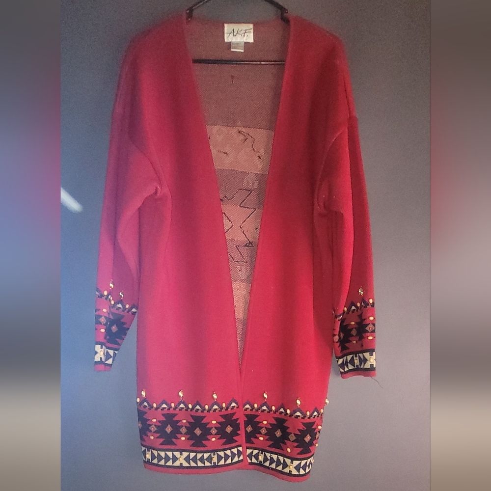 AKF Women Red Cardigan Sweater Large  Wool Aztec Tribal beads Western READ